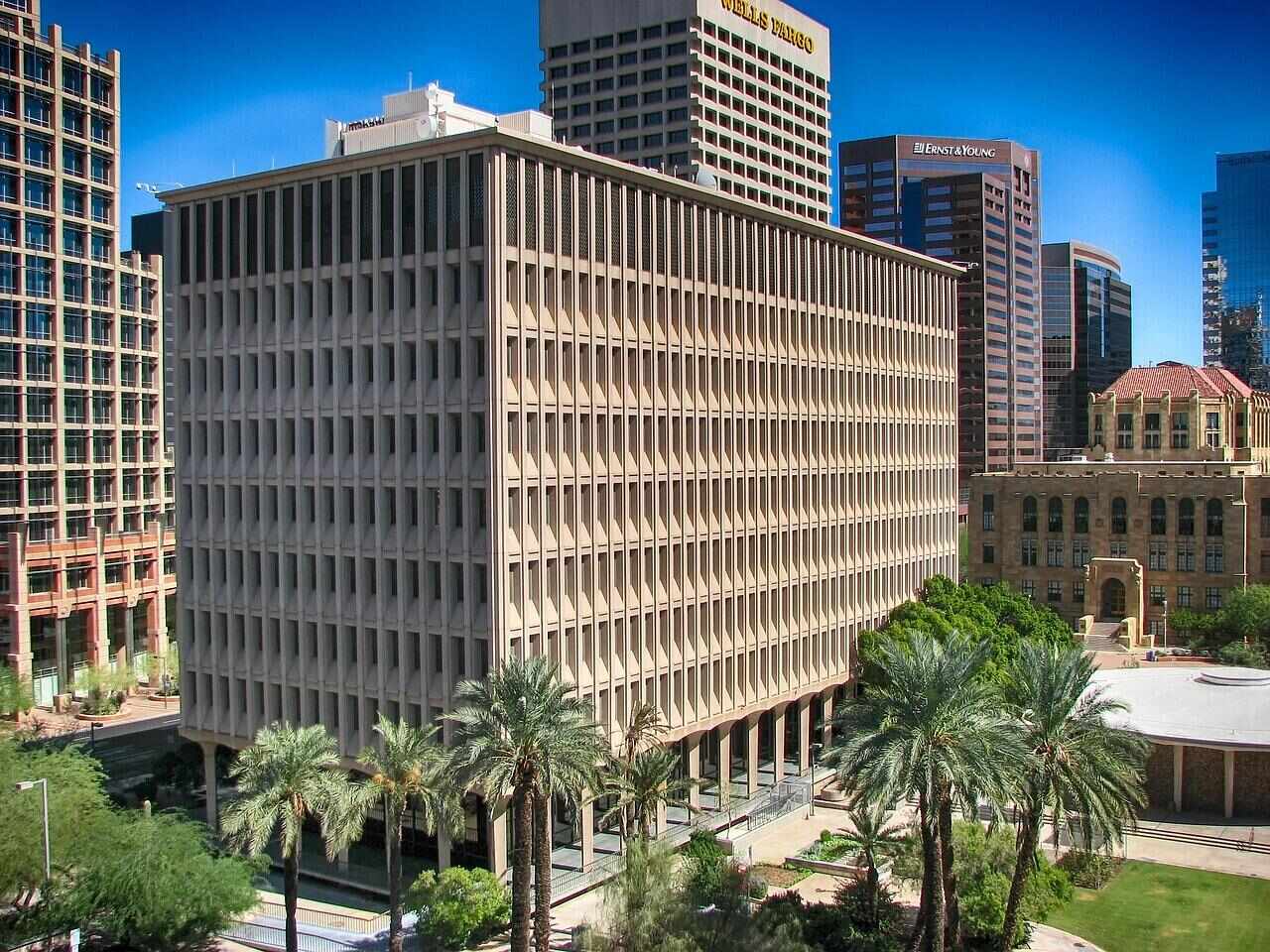 Office buildings and palms along the Central Avenue corridor in Phoenix